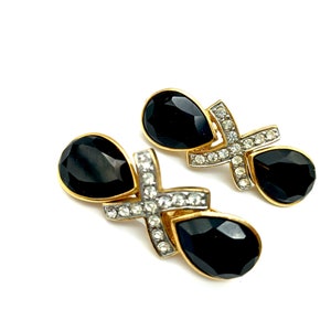 Vintage Les Bernard Large Black, White & Gold Rhinestone Clip Dangle Earrings - 1 7/8"