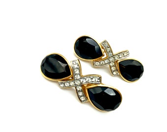 Vintage Les Bernard Large Black, White & Gold Rhinestone Clip Dangle Earrings - 1 7/8"