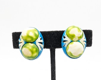 Unique Vintage Blue, Green & White Enamel Clip on Earrings