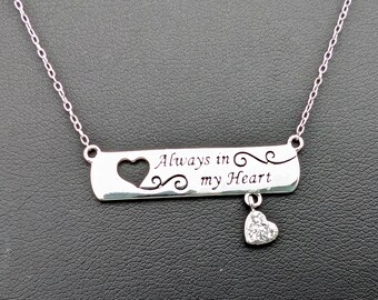 Vintage Sterling Silver "Always in my Heart" Center Bar Pendant Necklace - 20"