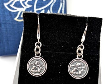 Oxidized Sterling Silver Thinking Angel Charm Earrings: Angel Jewelry, Antiqued Charm