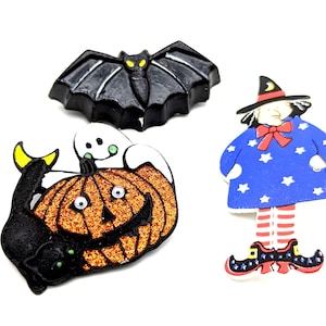 Lot of 3 Vintage Halloween Pins - Witch, Bat & Pumpkin/Ghost/Cat