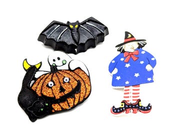 Lot of 3 Vintage Halloween Pins - Witch, Bat & Pumpkin/Ghost/Cat
