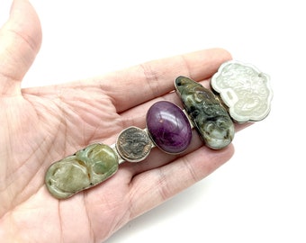Vintage Rebecca Collins Sterling Silver, Carved Jade, Roman Coin & Star Ruby Brooch - 4.75"