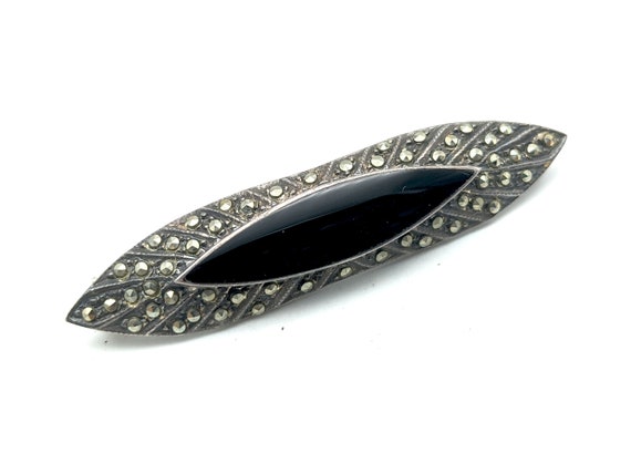 Antique Sterling Silver, Marcasite & Black Onyx B… - image 1