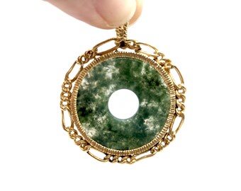 14K Gold & Green Jade Circle, Pi, Disc Pendant Signed Ibsen - 44 mm