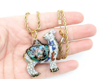 Vintage Cloisonne Enamel & Brass Camel Pendant Necklace - 20"