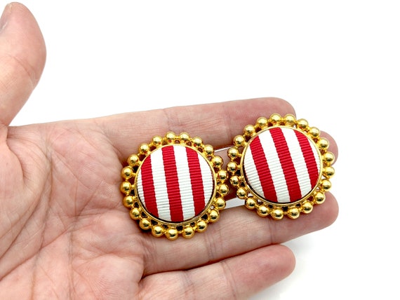 Vintage Red & White Stripped Circle Clip Earrings… - image 8