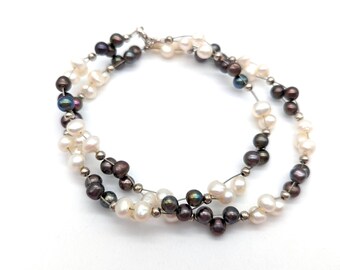 White & Black Peacock Cultured Pearl and Sterling Silver Necklace - 18"