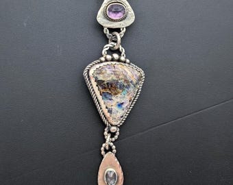 Large Artisan Kaleidoscope Agate, Amethyst & Blue Topaz  Sterling Silver Pendant Necklace - 24"