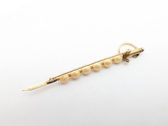 Vintage 12k Gold Filled Faux Pearl Sword Brooch S… - image 4