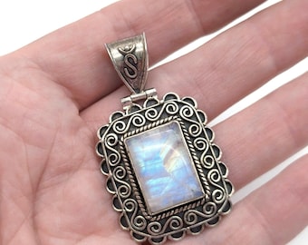 Vintage Rainbow Moonstone & Oxidized Sterling Silver Pendant