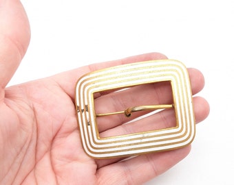 Antique White Enamel and Brass Belt Buckle Sash Pin Signed F&B