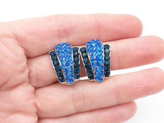 Vintage Blue-Green Rhinestone Clip on Stud Earrin… - image 4