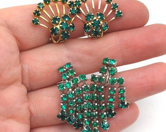 Two Pairs of Vintage Green Rhinestone Screw & Clip Earrings