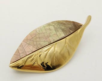 Vintage Signed Liz Claiborne Gold & Brown Pearlized Dual-Textured Leaf Brooch