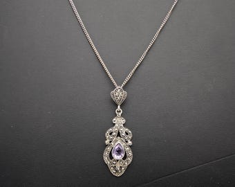 Vintage Amethyst, Marcasite & Sterling Silver Art Deco Style Pendant Necklace - 20"