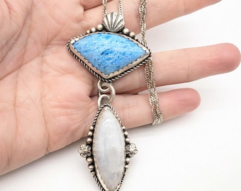 Vintage Artisan Moonstone & Larimar Sterling Silver Pendant Necklace - 24"