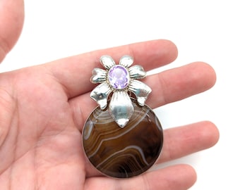 Vintage Artisan Botswana Agate, Amethyst & Sterling Silver Floral Pendant