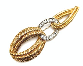 Vintage Gold Rope & Rhinestone Brooch - 4"