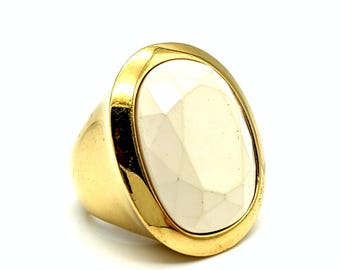 Vintage Signed KJL 18k Gold Plated & White Stone Statement Ring - Size 6