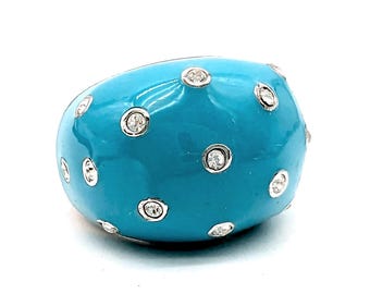 Silver Plated CZ & Turquoise Enamel Statement Ring - Size 6.25