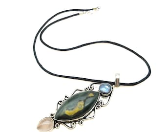 Sterling Silver, Pearl, Rose Quartz & Jasper Statement Pendant Necklace