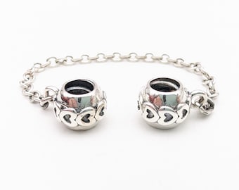 Sterling Silver Hearts Band Double Slide Safety Chain Pandora Beads