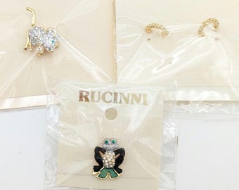 Pave Rhinestone Mouse and Frog Brooches & Hoop Earrings by Rucinni