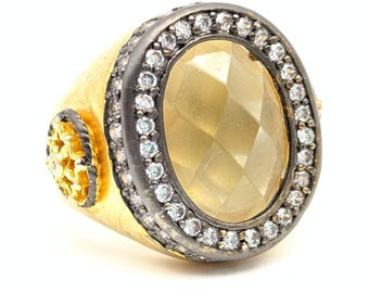 Vintage Belargo Gold Vermeil Sterling Silver Smoky Quartz & CZ Statement Ring - Size 6.75