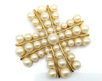 Vintage Joan Rivers Faux Pearl Maltese Cross Brooch - 2.5"