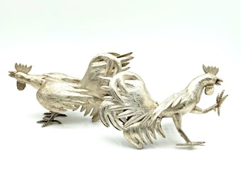 Antique Solid Sterling Silver Fighting Rooster Set - 6" Long, 7.7 Ounces
