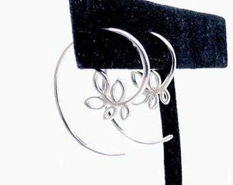 Sterling Silver Spiral Wire Leaf Hoop Earrings, Floral Hoops, Threader Hoops