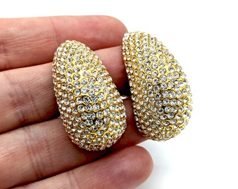 Vintage Gold Plated Pave Rhinestone Teardrop Shaped Half Hoop Clip Earrings - 1.5"