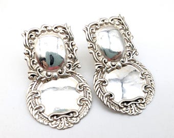 Vintage Sterling Silver Repoussé Mirrored Dangle Earrings
