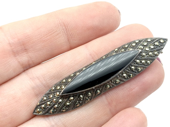 Antique Sterling Silver, Marcasite & Black Onyx B… - image 2