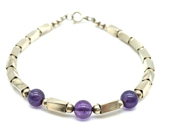 Vintage Sterling Silver & Amethyst Beaded Bracelet - 7"