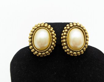 Vintage Yves Saint Laurent Gold & Faux Pearl Clip on Earrings