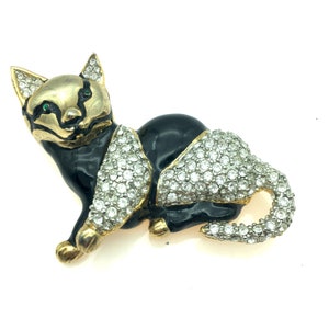 Vintage Rhinestone & Black Enamel Cat Brooch