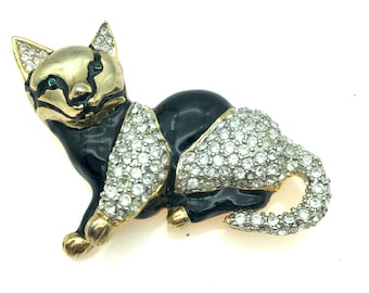 Vintage Rhinestone & Black Enamel Cat Brooch