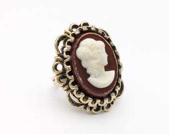 Vintage Gold Tone & Red Lucite Costume Faux Cameo Ring - Adjustable