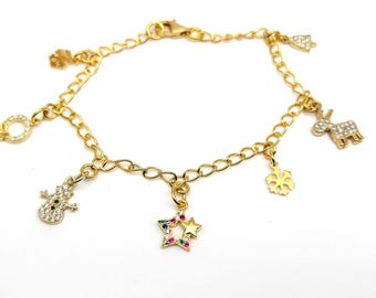 18K Gold Vermeil Sterling Christmas CZ Charm Bracelet; Holiday Bracelet, Magnetic Clasp