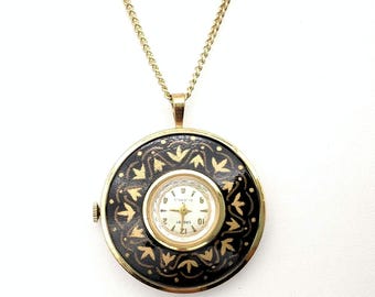 Rare Crosby 21 Jewel Pendant Watch With Black Enamel Case & 22" Chain