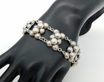 Early Signed Prieto Mexico Sterling Cluster Bead Ball Panel Bracelet - 7.75"
