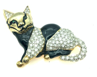 Vintage Rhinestone & Black Enamel Cat Brooch