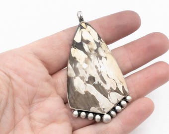Large Vintage Artisan Peanut Wood Jasper Sterling Silver Pendant - 2.75"