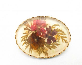 Vintage Real Dried Flowers Under Clear Lucite Brooch - 1.5"