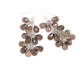 Vintage Sterling Silver & Biolette Cut Smoky Quartz Dangle Earrings