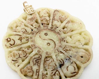 Large Carved Chinese White Jade & Sterling Silver Chinese Zodiac Medallion Pendant - 3"