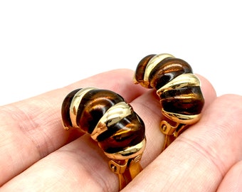 Vintage Gay Boyer Brown Enamel & Gold Tone Half Hoop Clip Earrings - 7/8"